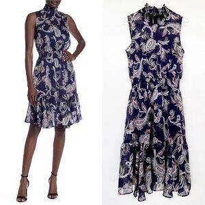 Nanette Lepore Navy Paisley High-Neck Smocked Midi Dress Size 8